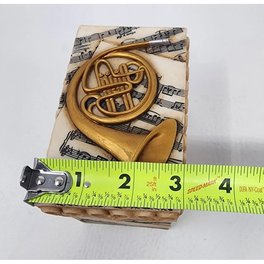 2004 Roman Inc. Trinket Jewelry Music Box French Horn Music Notes Theme 4.75x3